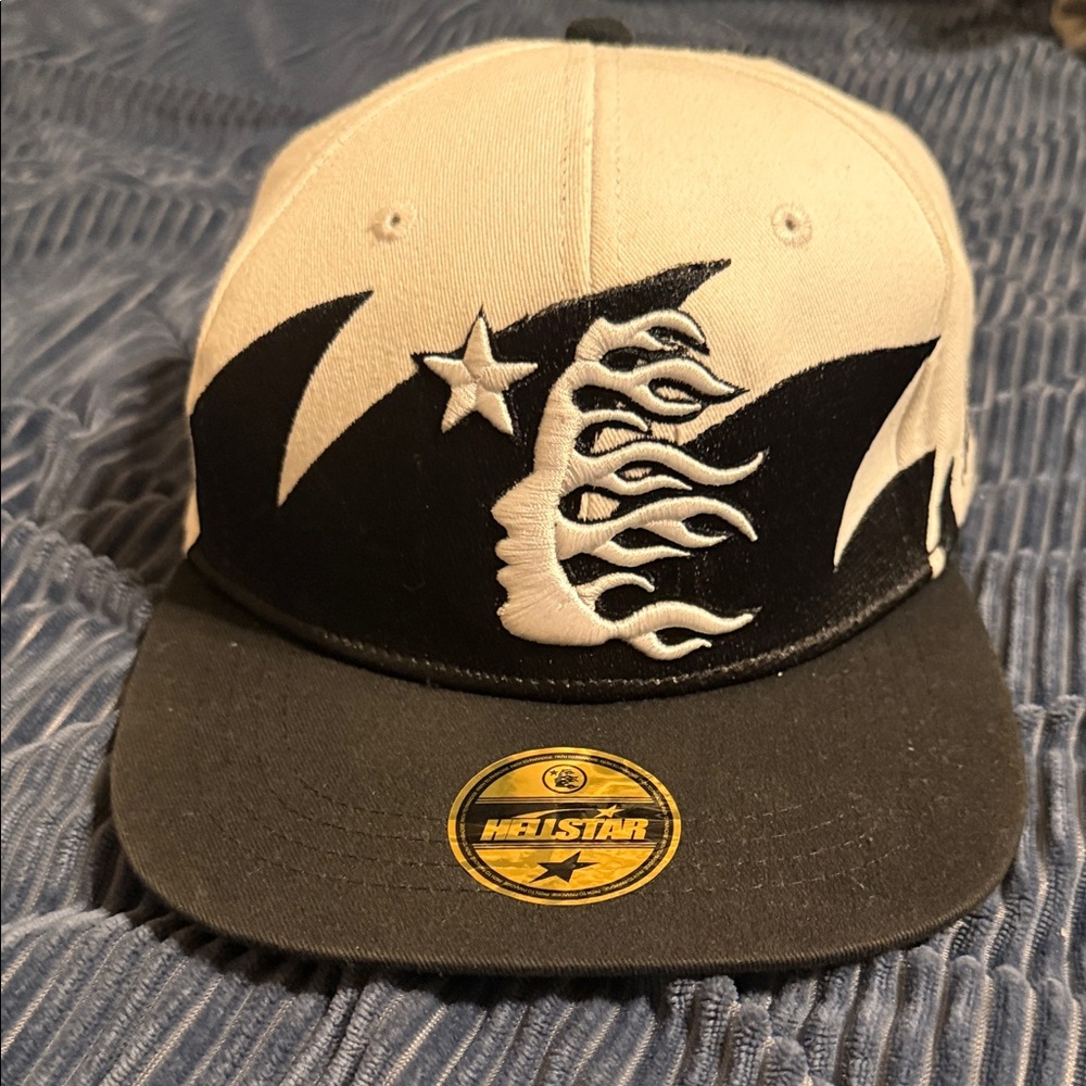 Black and White hellstar Mitchell ness Hat with Flame Design